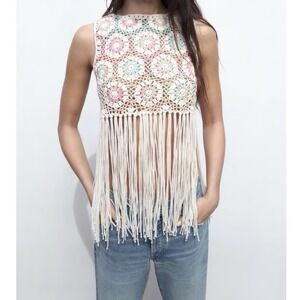 Zara Crotchet Fringe Top Womens Small Pastel Rainbow Festival Coastal Cowgirl